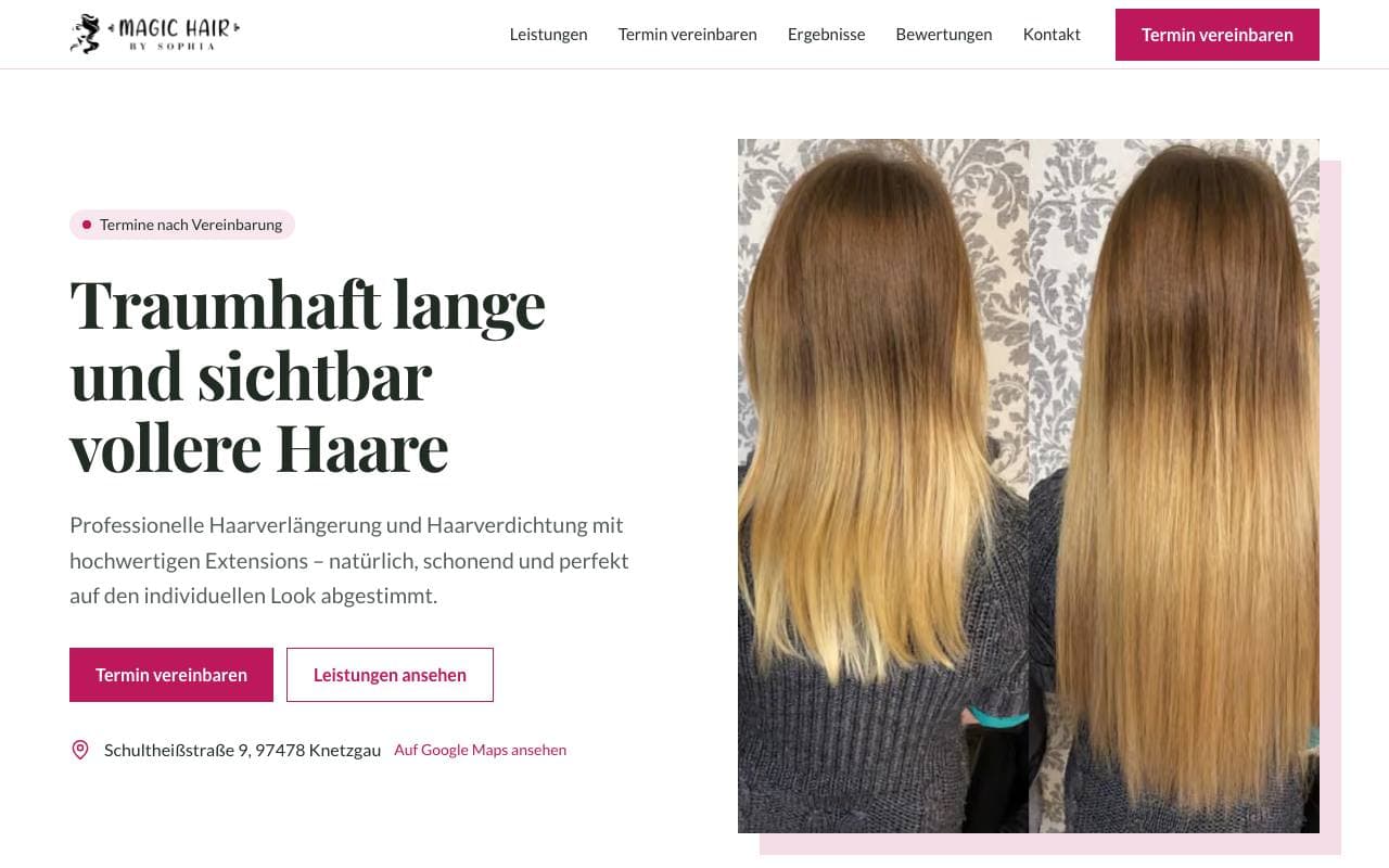 Website von MAGIC HAIR by Sophia, Ansicht am Computer
